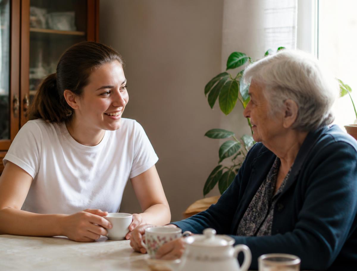 Bénévole partageant un moment convivial avec une personne âgée