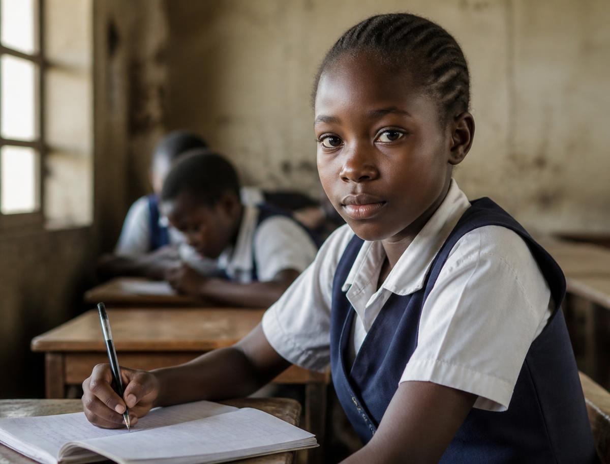 Enfant en uniforme scolaire écrivant dans son cahier en classe