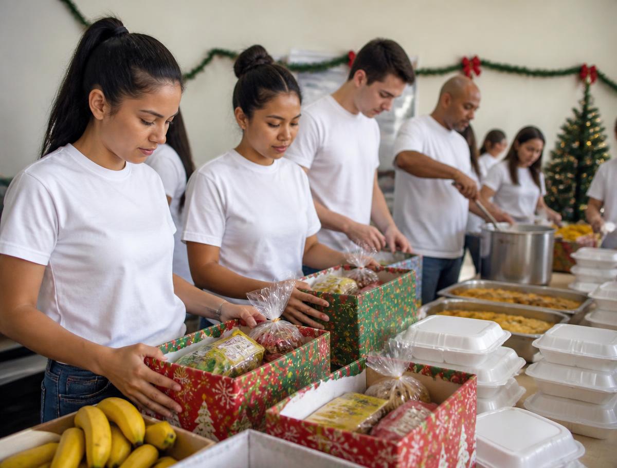 Bénévoles préparant des colis de Noël et des repas festifs