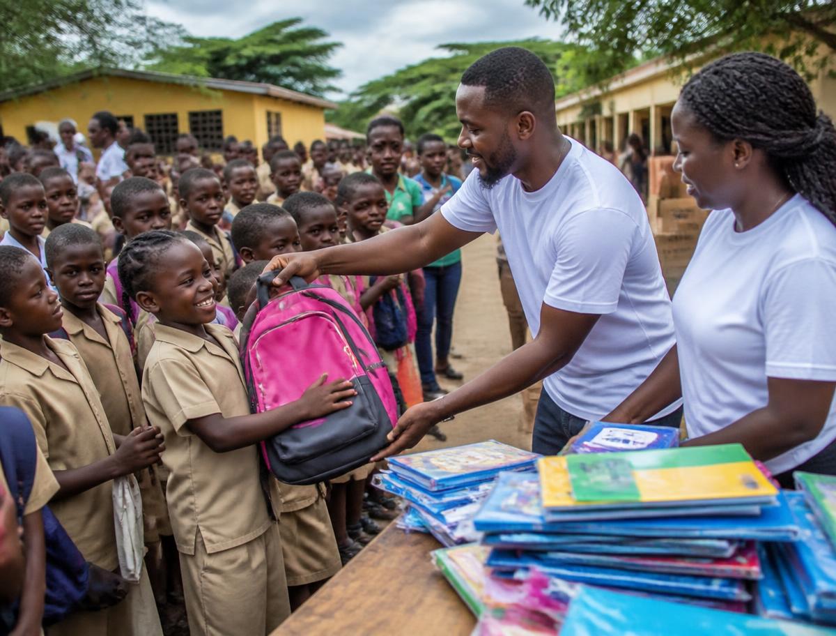 Bénévoles remettant des cartables et des fournitures scolaires à des enfants