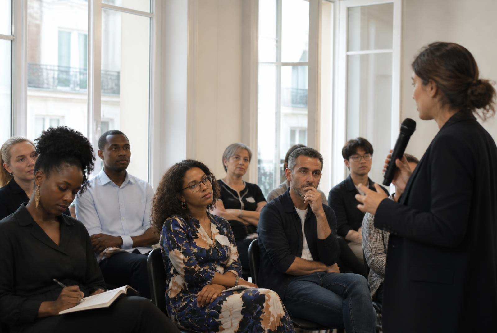 Participants attentifs lors d'une conférence professionnelle dans une salle lumineuse