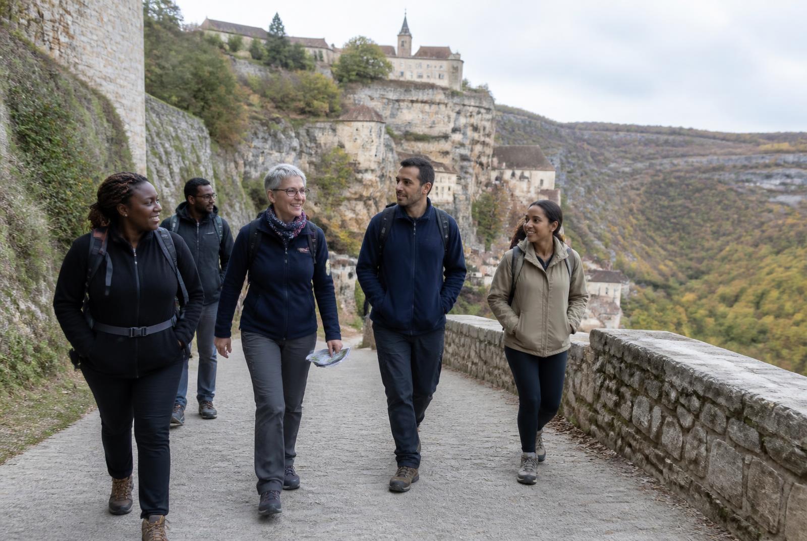 Groupe de marcheurs sur un chemin de pierre menant à un sanctuaire français